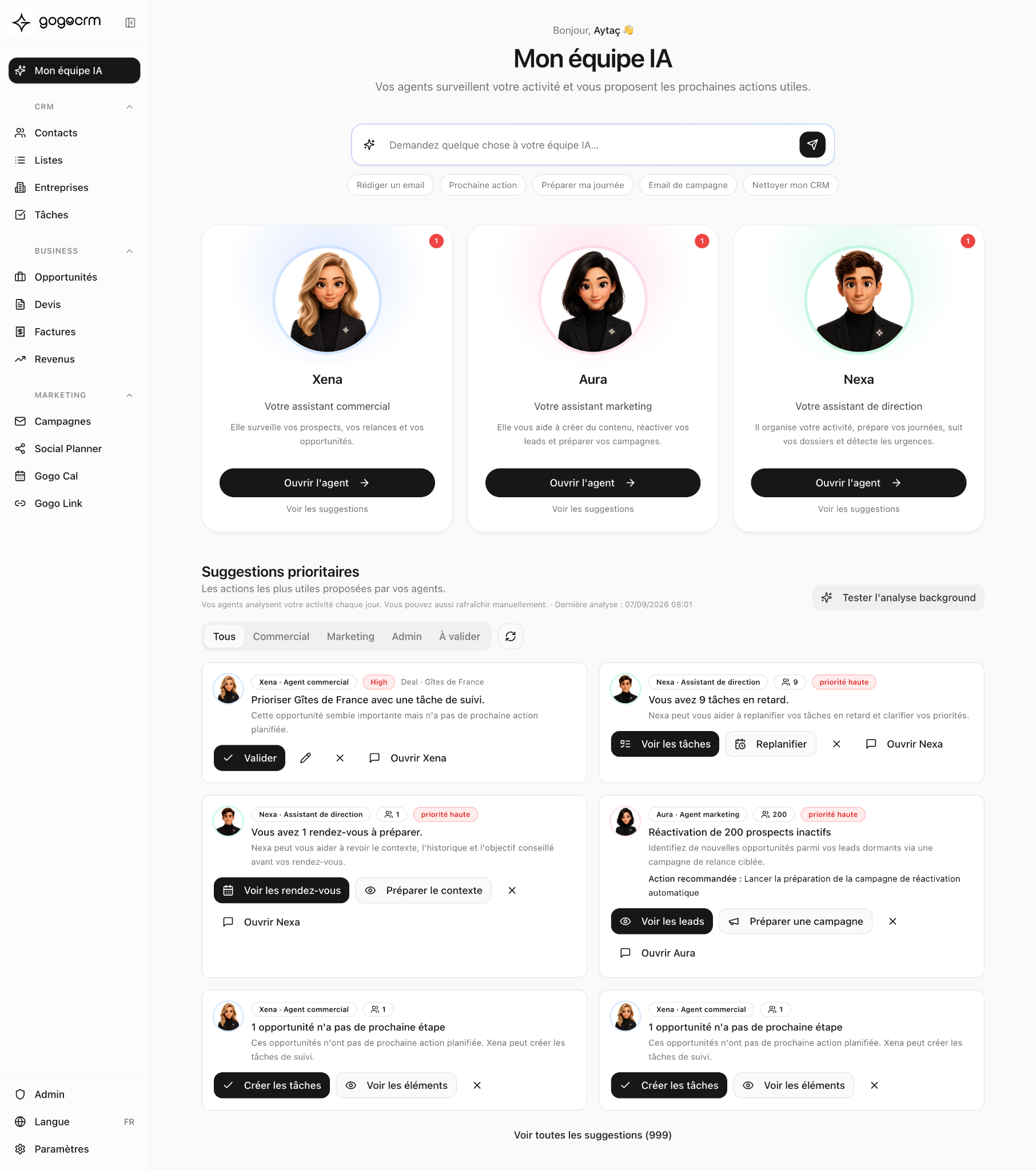 L’interface Mon équipe IA de GogoCRM et les trois agents Xena, Aura et Nexa